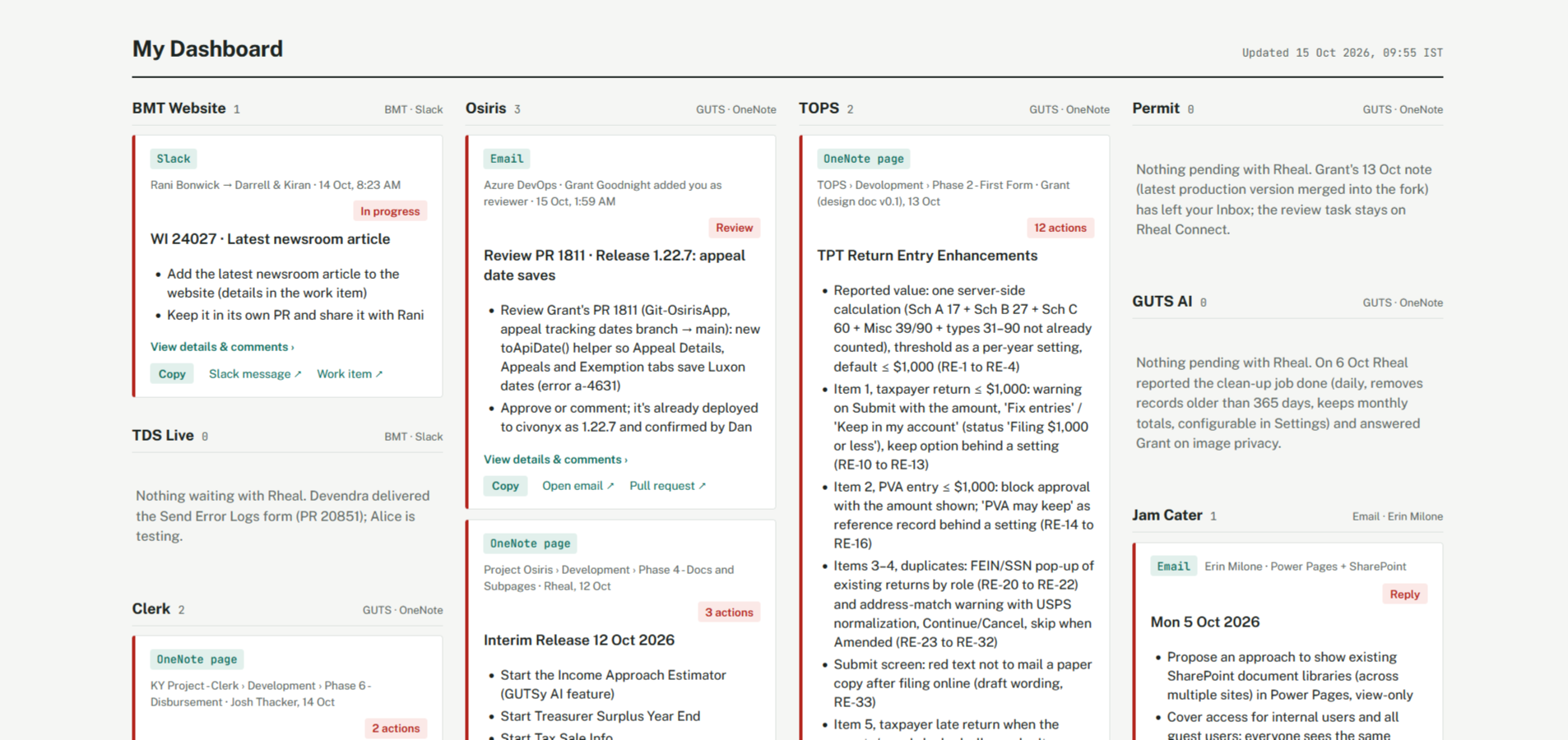Action dashboard with a column per project